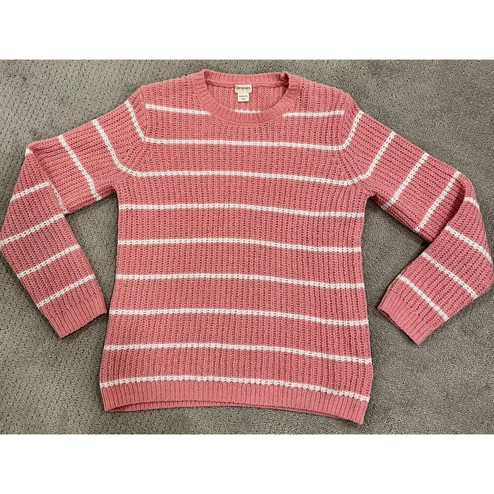 Crewcuts Girls Sweater XL 12 14 Pink White Stripe Knit Crewneck Cozy